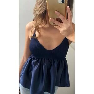Commense Navy Blue Spaghetti Strap Peplum Casual Sleeveless‎ Crop Cami L